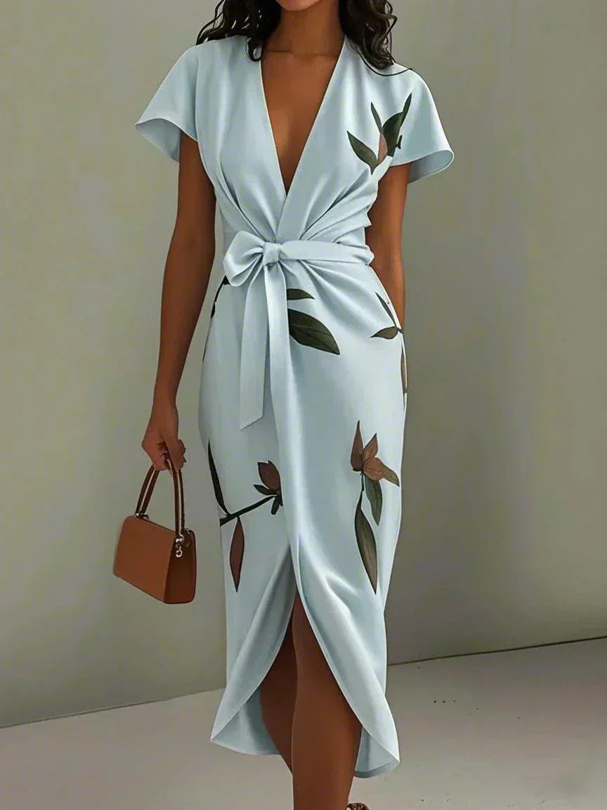 Women's Botanical Print Wrap Dress with Cinched Waist for Elegant Occasions