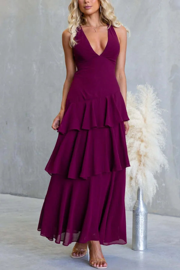 Women’s Sleeveless Maxi Dress with Tiered Skirt and Deep V-Neckline