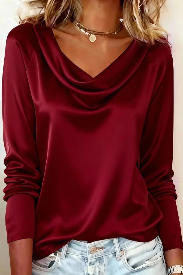 Women’s Satin Draped Blouse with Cowl Neckline and Long Cuffed Sleeves