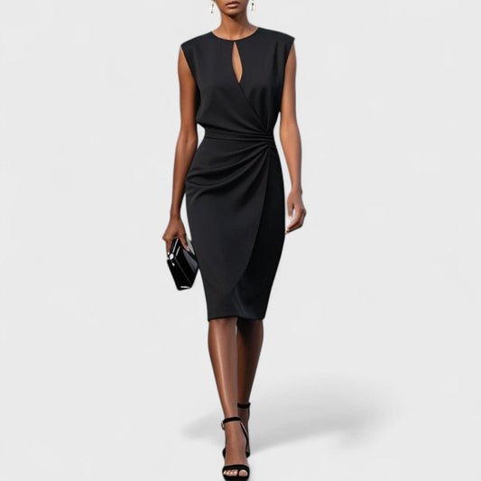 Women's Midi Sheath Dress with Keyhole Neckline and Side Pleat Detail