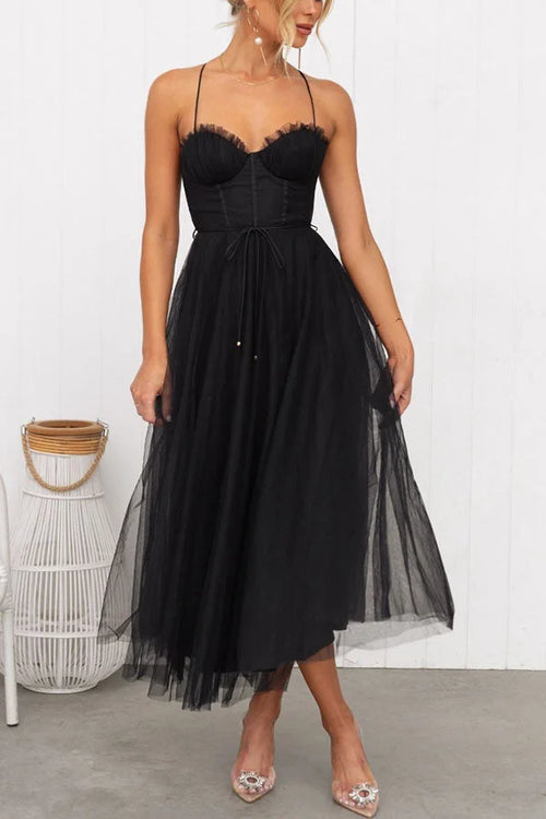 Women’s Tulle Bustier Midi Dress with Corset Bodice and Ruched Cups