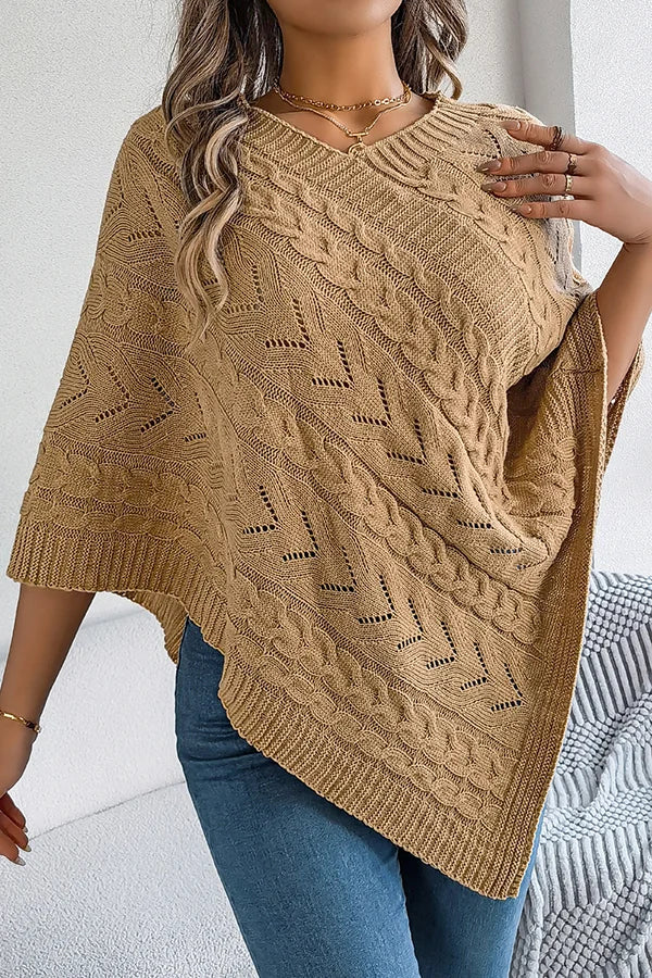 Women’s Knitted Cape with Openwork Pointelle Stitch and Scalloped Hem