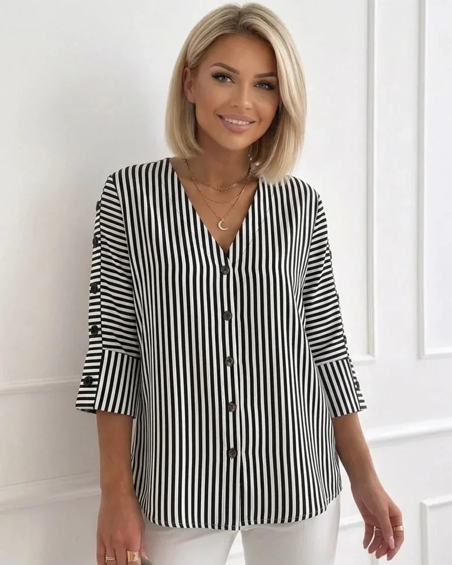 Women’s Blouse with Vertical Stripes and Button-Up Front Placket