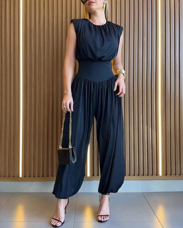 Women’s Sleeveless Jumpsuit Cinched High Waist Balloon Leg Romper