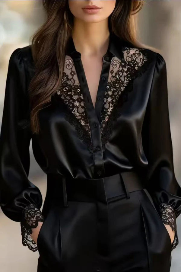 Women’s Satin Button Down Shirt with V-Neck Patchwork Lace and Elegant Puff Sleeves
