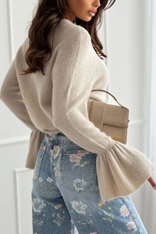 Women’s Crew Neck Sweater with Bell Sleeves and Relaxed Fit Soft Knit Texture