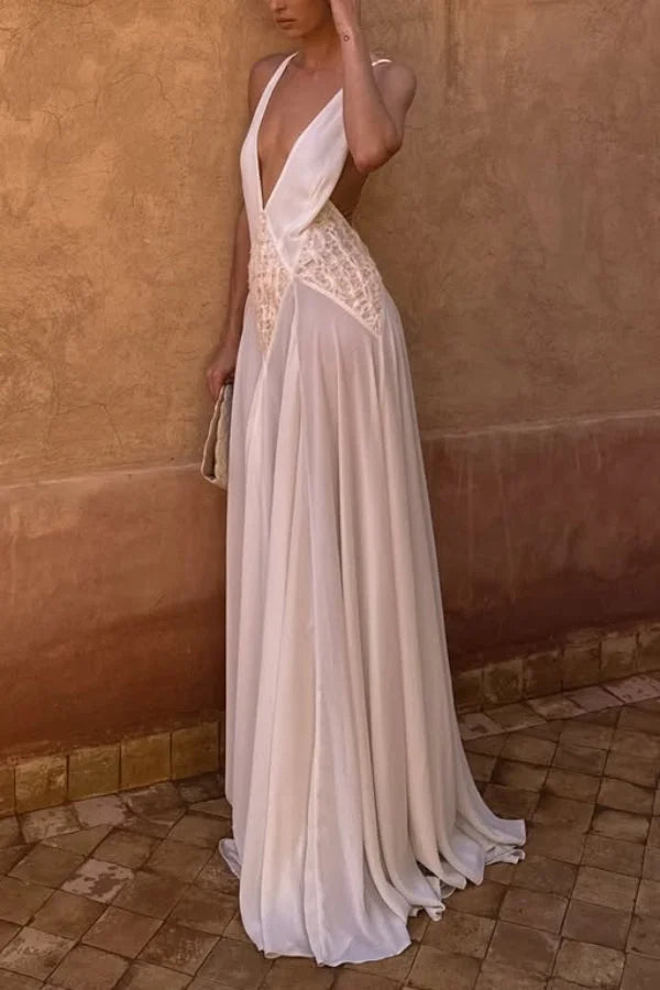 Women’s Flowy Maxi Dress with Deep V-Neck and Tulle Lace Patchwork