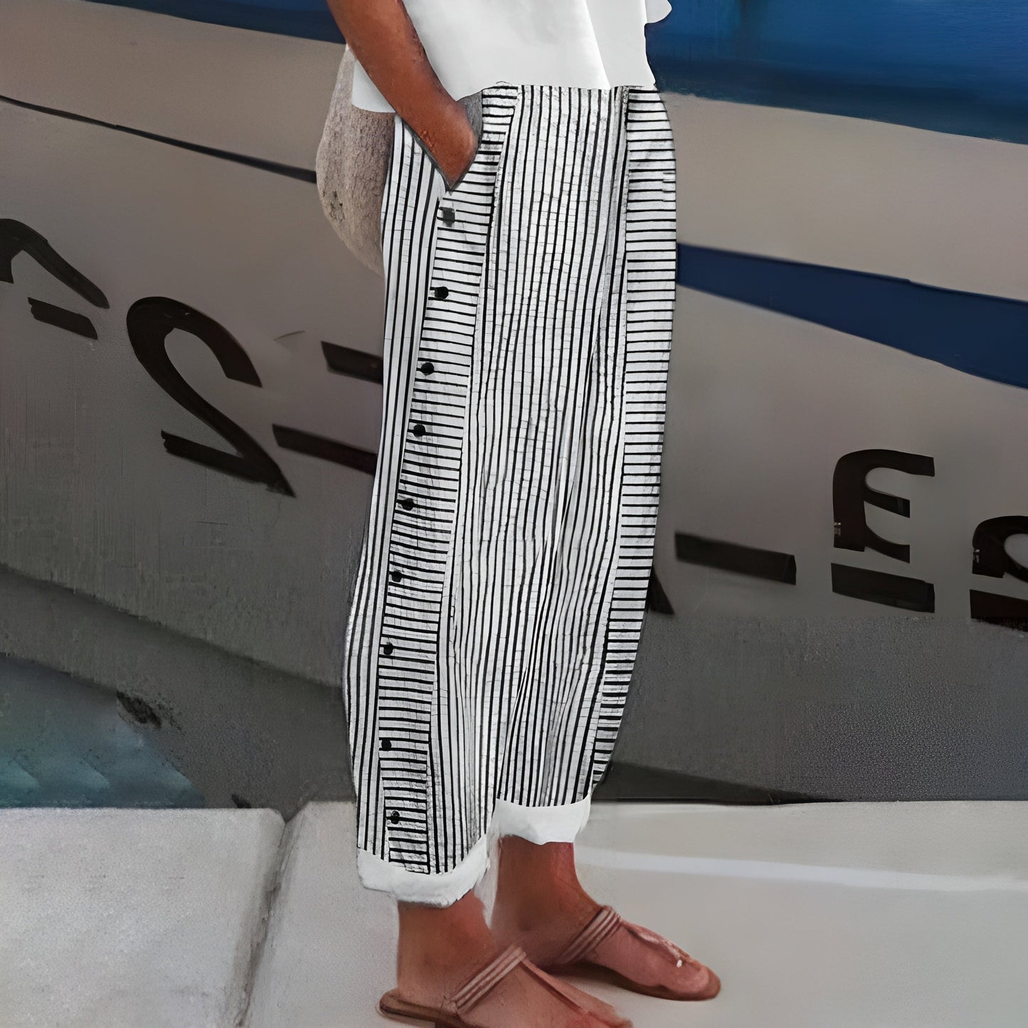 Women’s Wide Leg Pants with Side Button Detail and Striped Linen Fit
