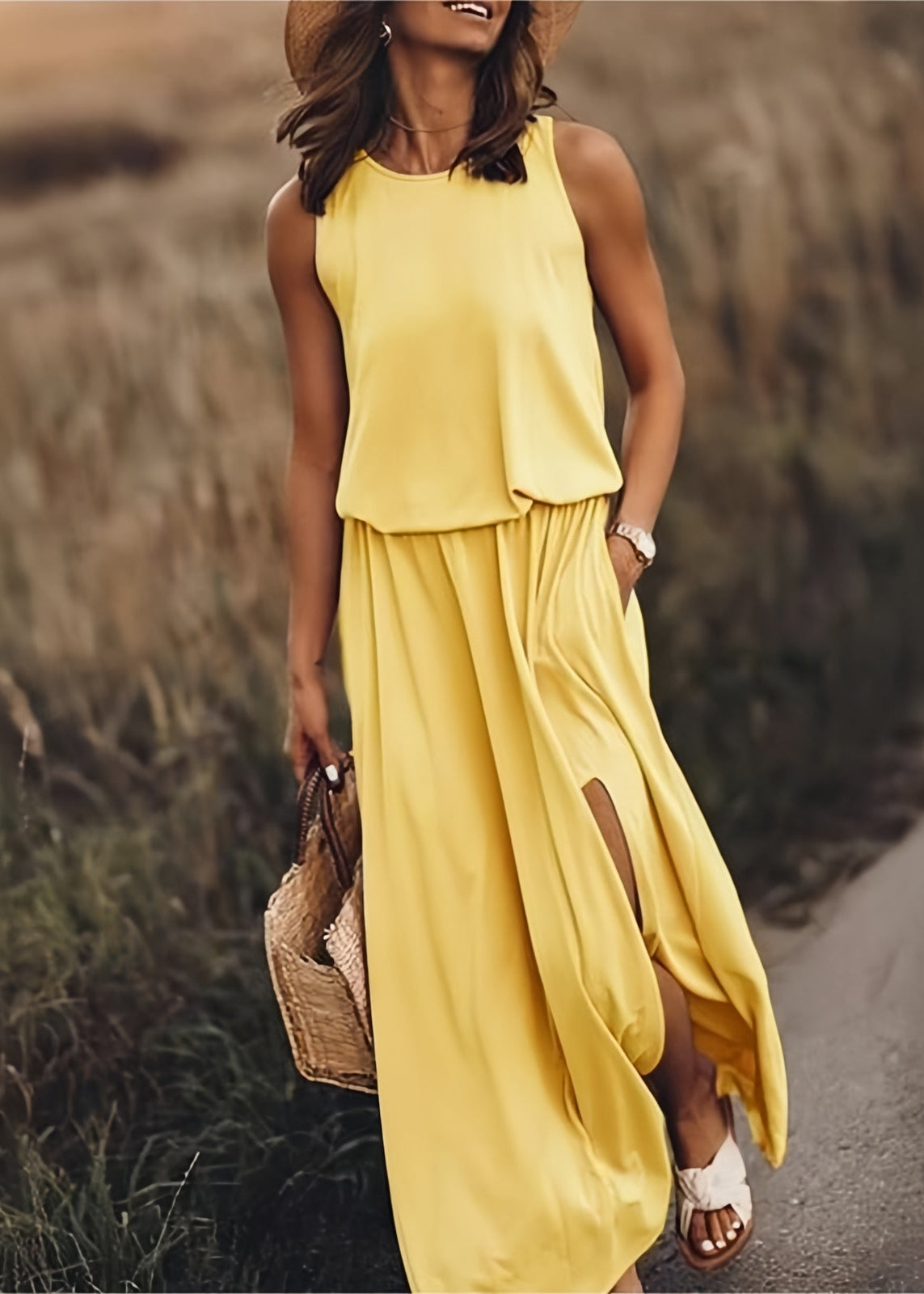 Women’s Maxi Dress with Side Slit and Elasticized Blouson Waist