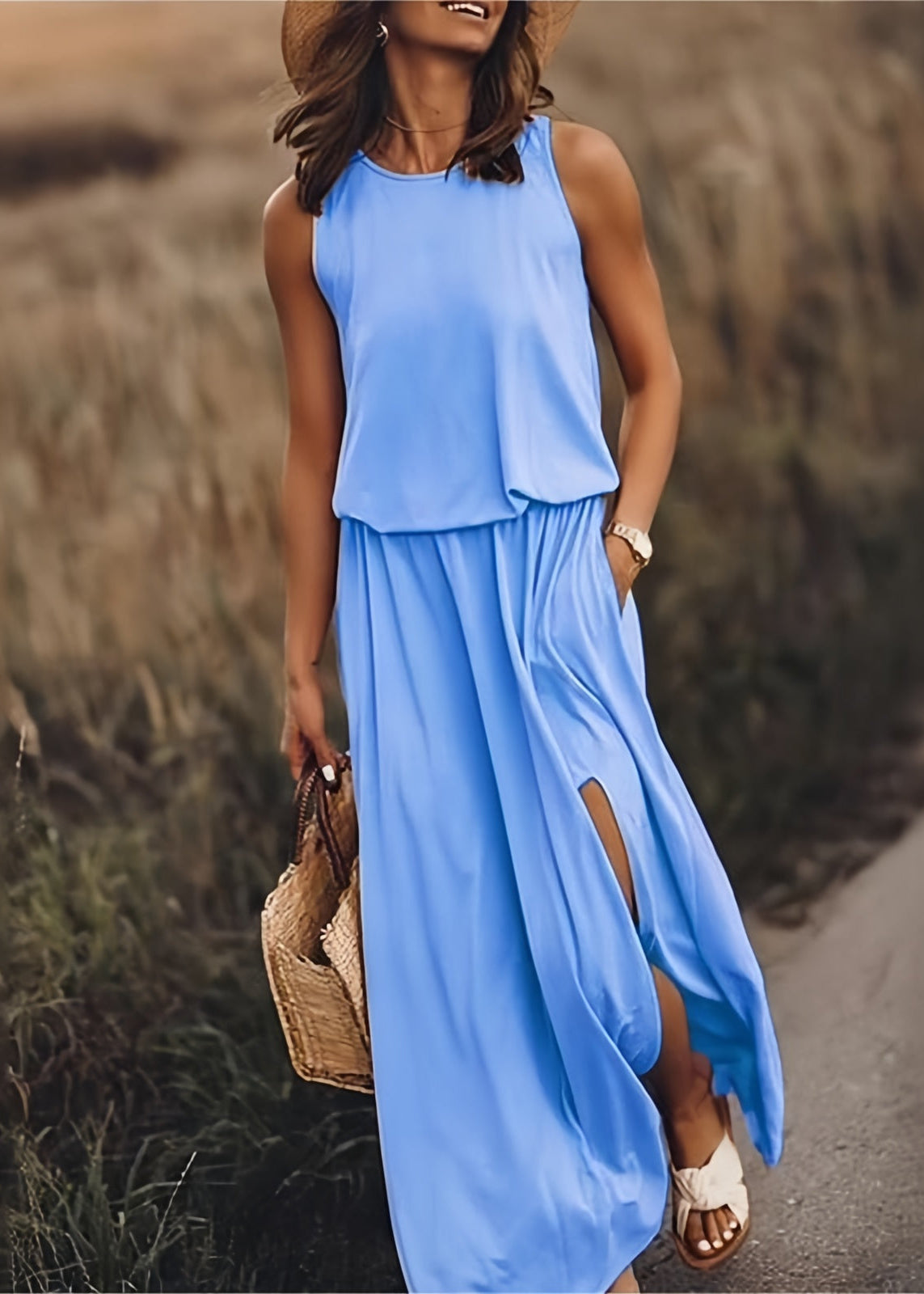 Women’s Maxi Dress with Side Slit and Elasticized Blouson Waist