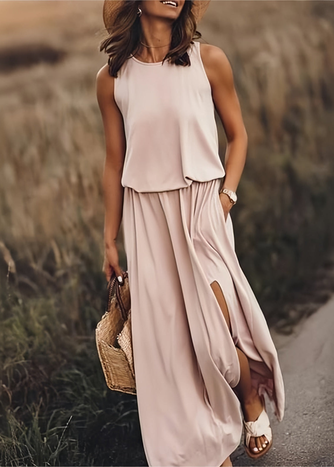 Women’s Maxi Dress with Side Slit and Elasticized Blouson Waist