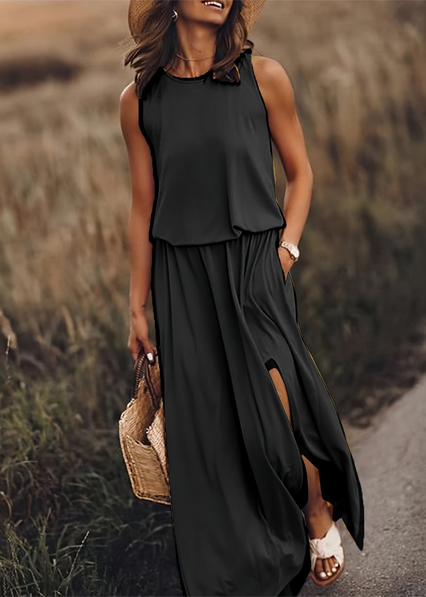 Women’s Maxi Dress with Side Slit and Elasticized Blouson Waist