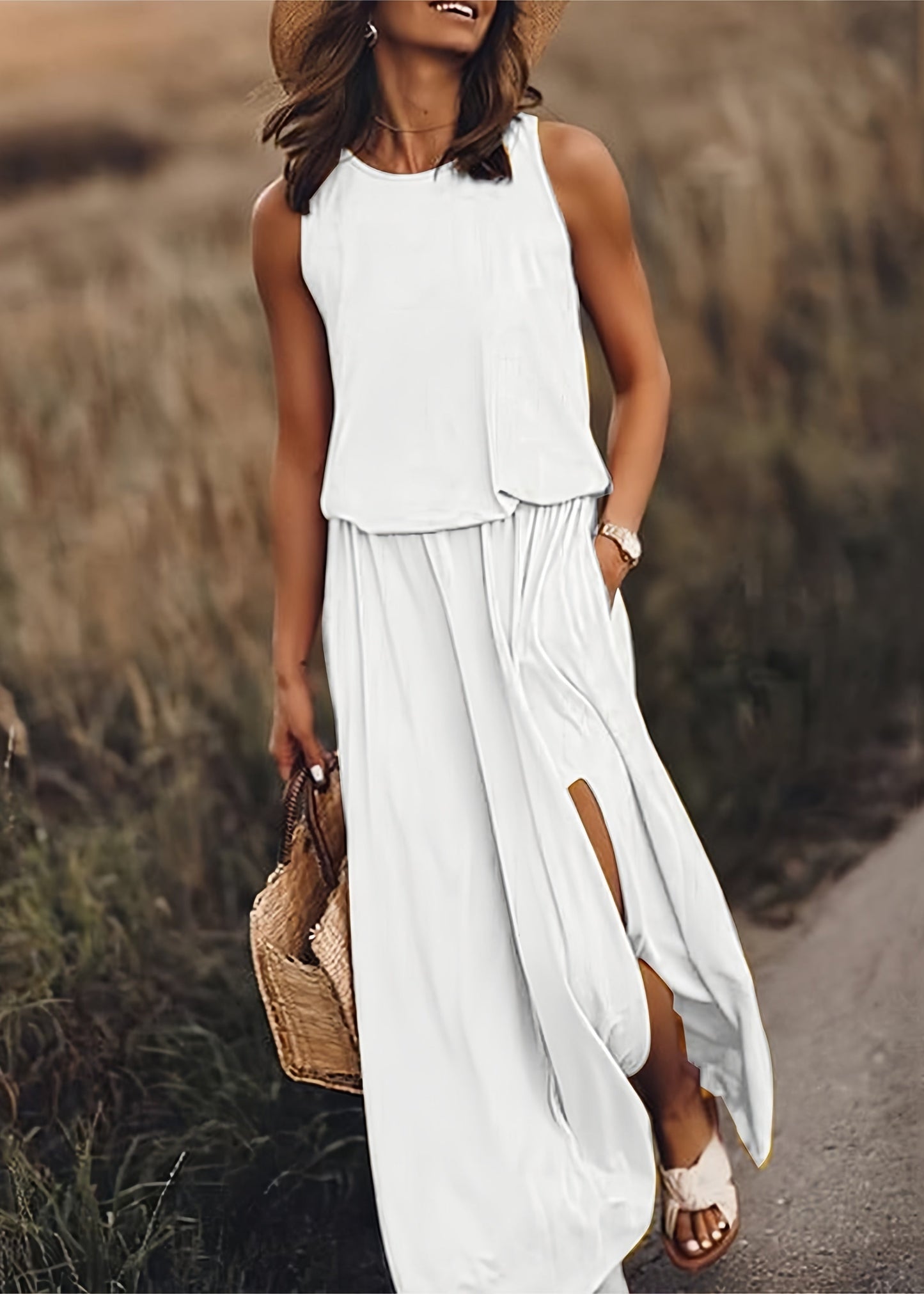 Women’s Maxi Dress with Side Slit and Elasticized Blouson Waist