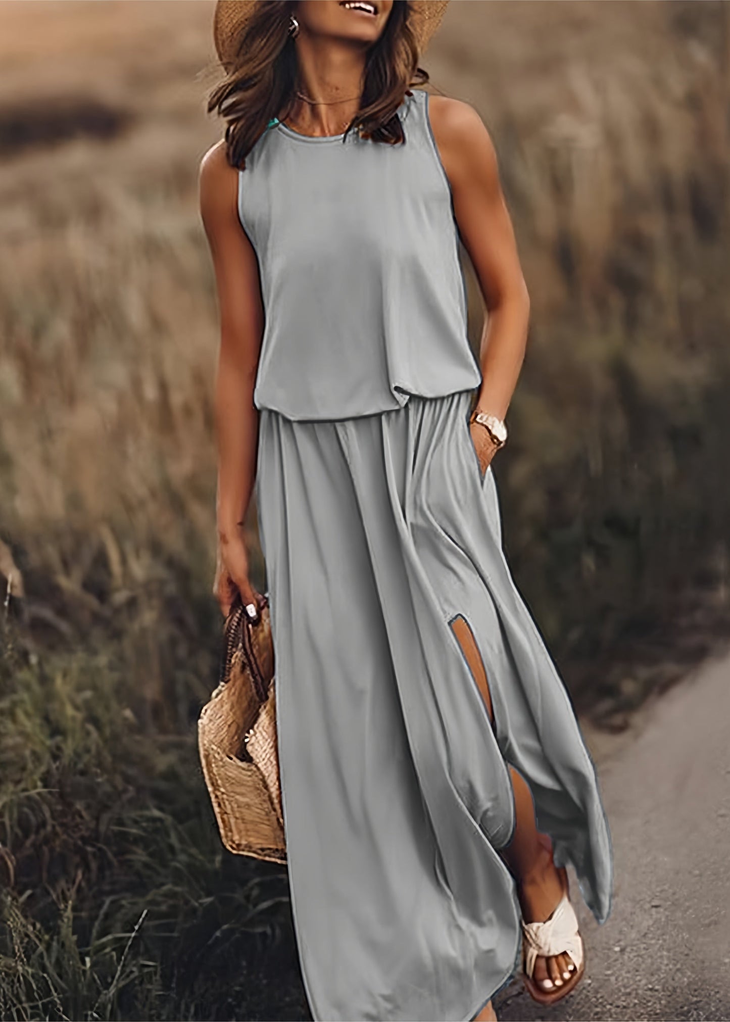 Women’s Maxi Dress with Side Slit and Elasticized Blouson Waist