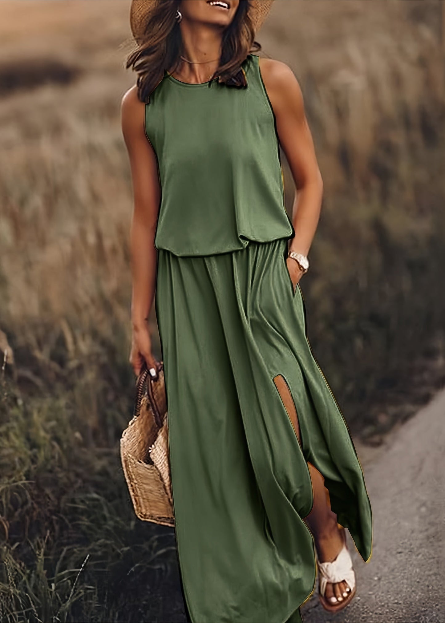Women’s Maxi Dress with Side Slit and Elasticized Blouson Waist