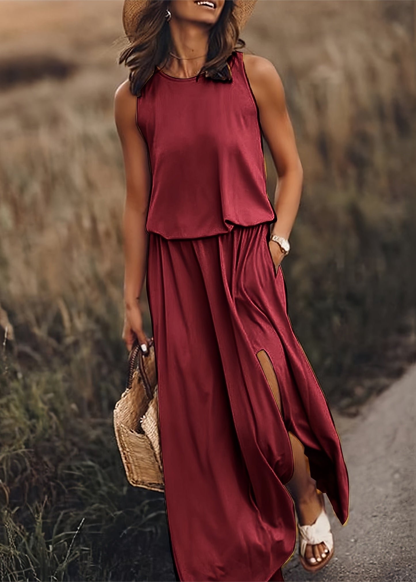Women’s Maxi Dress with Side Slit and Elasticized Blouson Waist