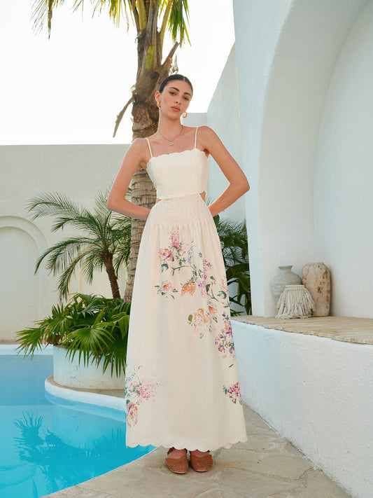 Women’s Floral Maxi Dress with Cutout Waist and Scalloped Hem