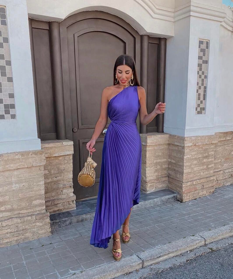 Women’s One-Shoulder Midi Dress with Asymmetric Pleated Hem and Sunray Texture