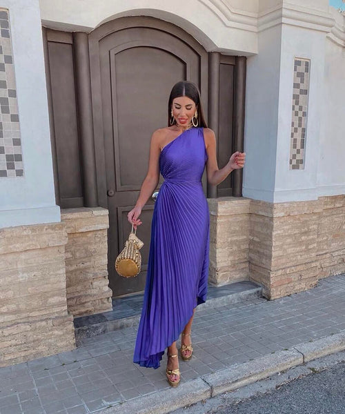 Women’s One-Shoulder Midi Dress with Asymmetric Pleated Hem and Sunray Texture