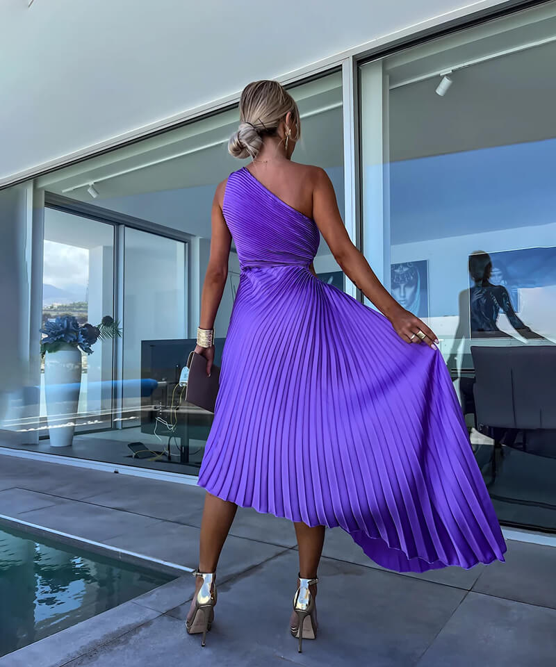 Women’s One-Shoulder Midi Dress with Asymmetric Pleated Hem and Sunray Texture