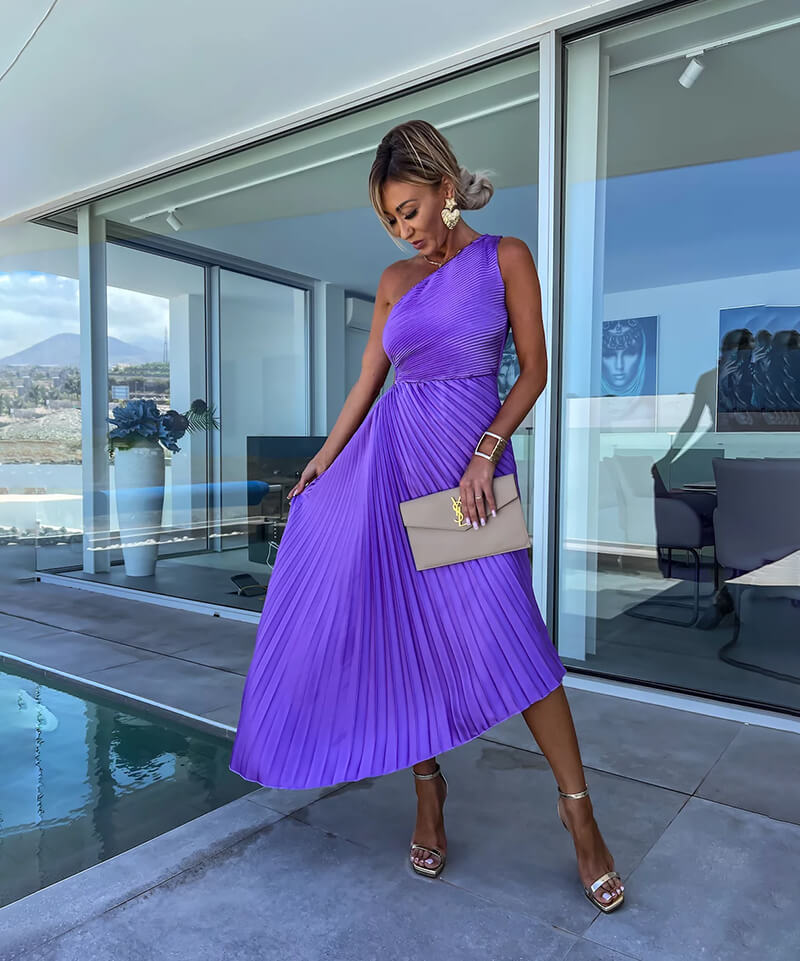 Women’s One-Shoulder Midi Dress with Asymmetric Pleated Hem and Sunray Texture
