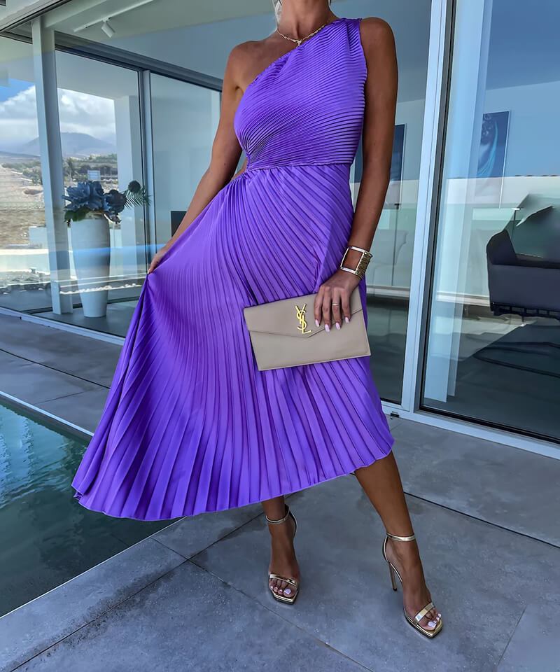 Women’s One-Shoulder Midi Dress with Asymmetric Pleated Hem and Sunray Texture