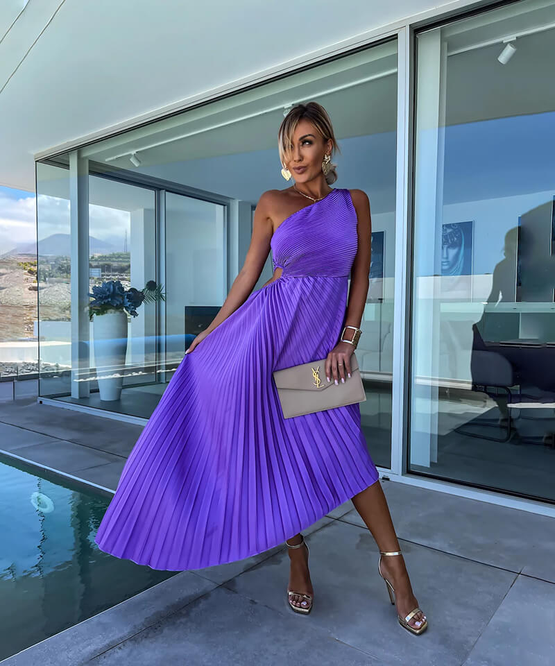 Women’s One-Shoulder Midi Dress with Asymmetric Pleated Hem and Sunray Texture