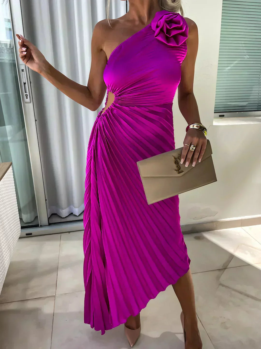 Women’s Midi Dress with One-Shoulder Neckline and 3D Rosette Detail
