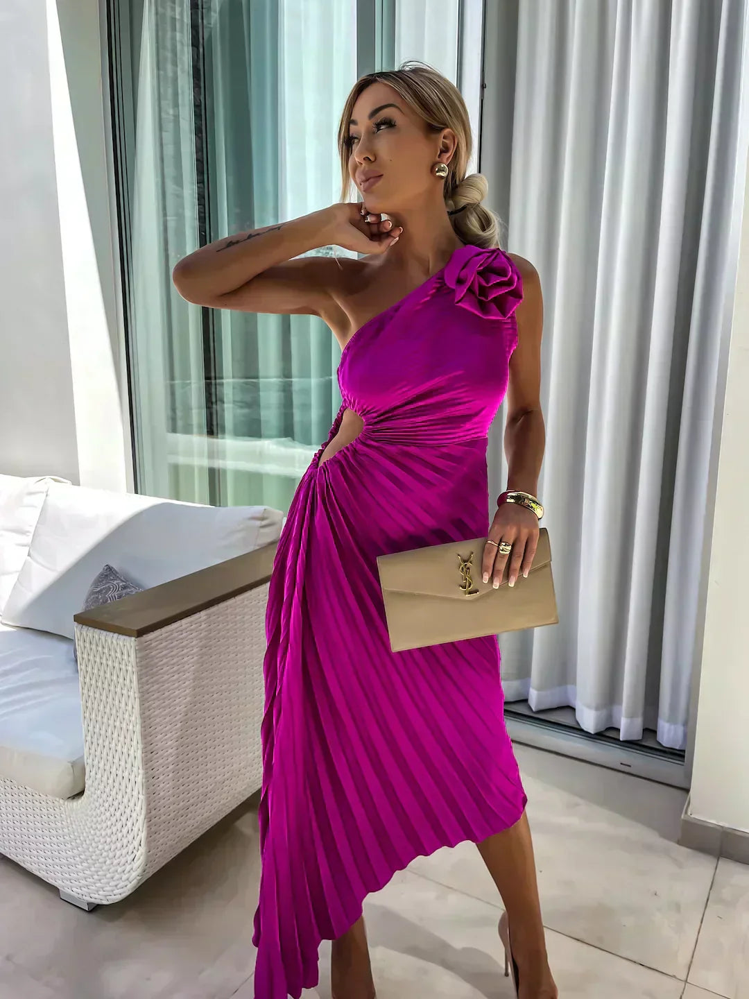 Women’s Midi Dress with One-Shoulder Neckline and 3D Rosette Detail
