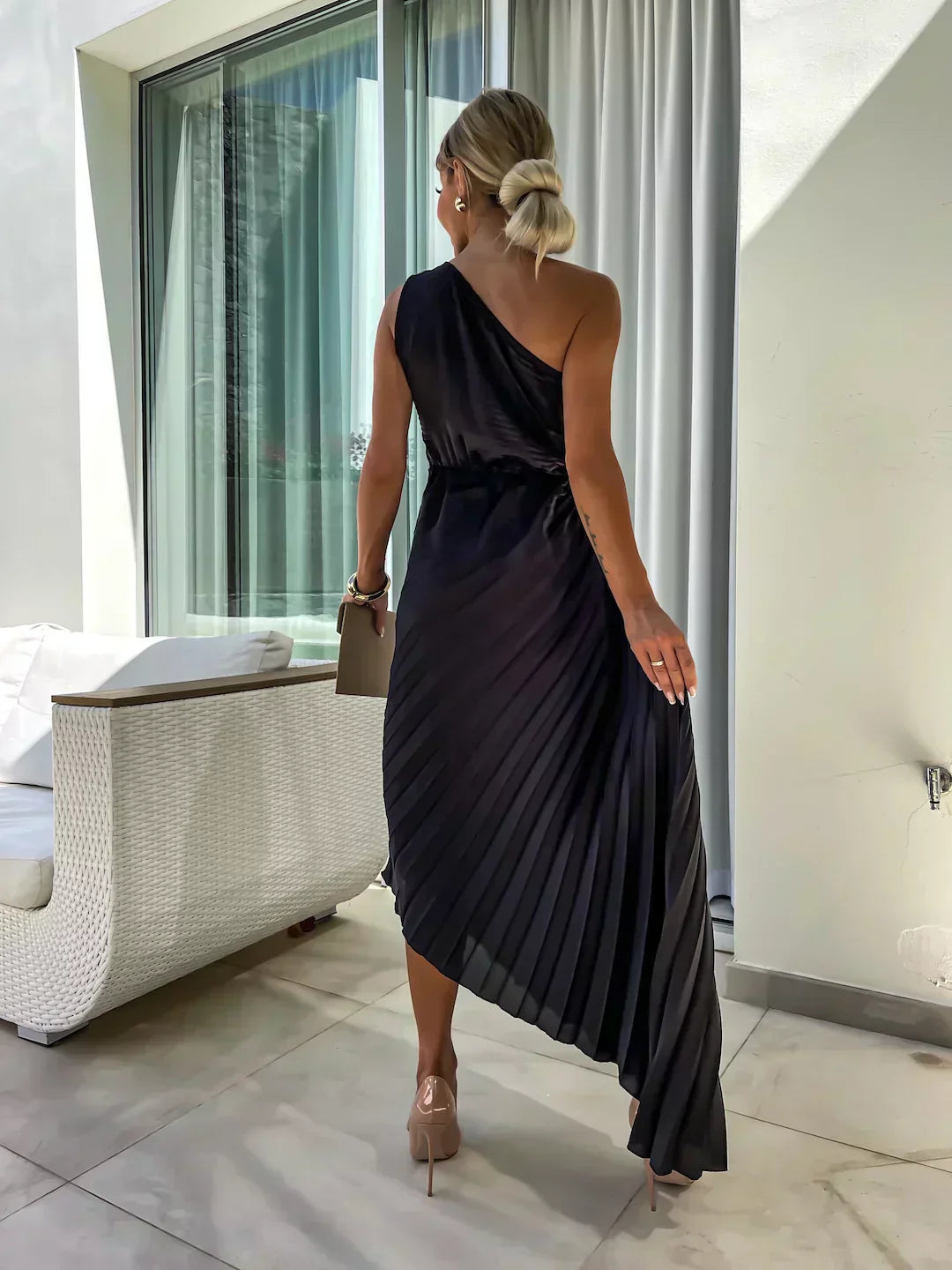 Women’s Midi Dress with One-Shoulder Neckline and 3D Rosette Detail