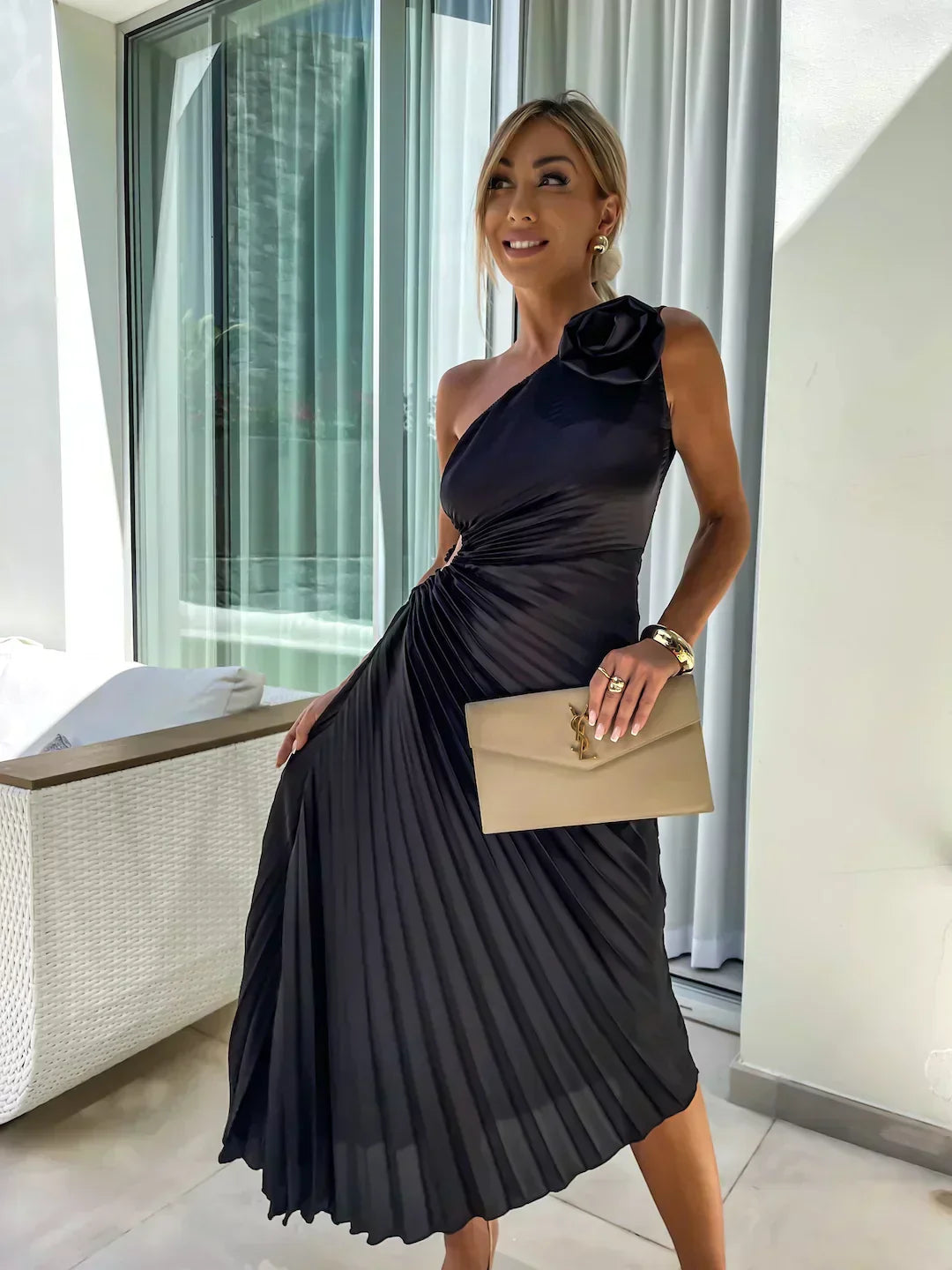 Women’s Midi Dress with One-Shoulder Neckline and 3D Rosette Detail