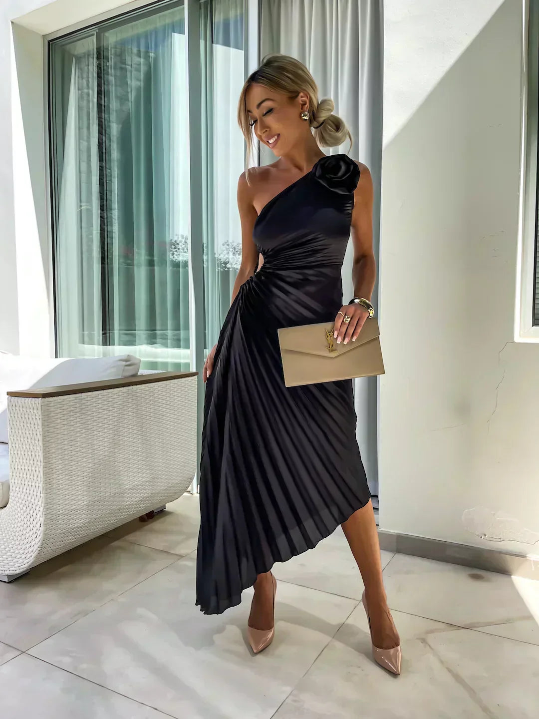 Women’s Midi Dress with One-Shoulder Neckline and 3D Rosette Detail