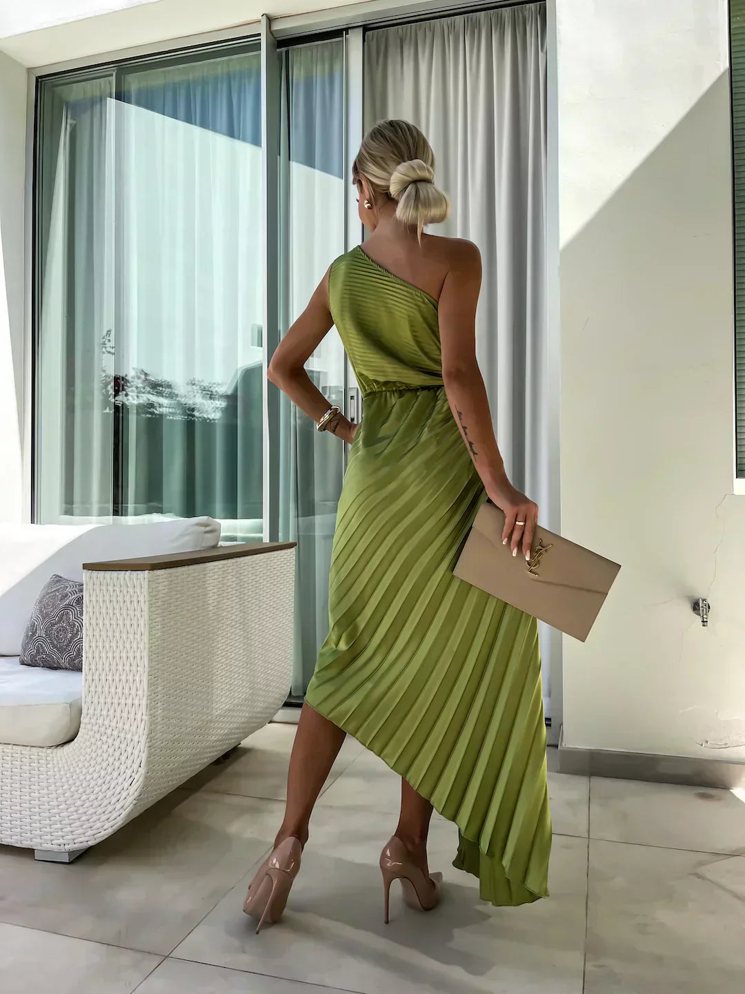 Women’s Midi Dress with One-Shoulder Neckline and 3D Rosette Detail