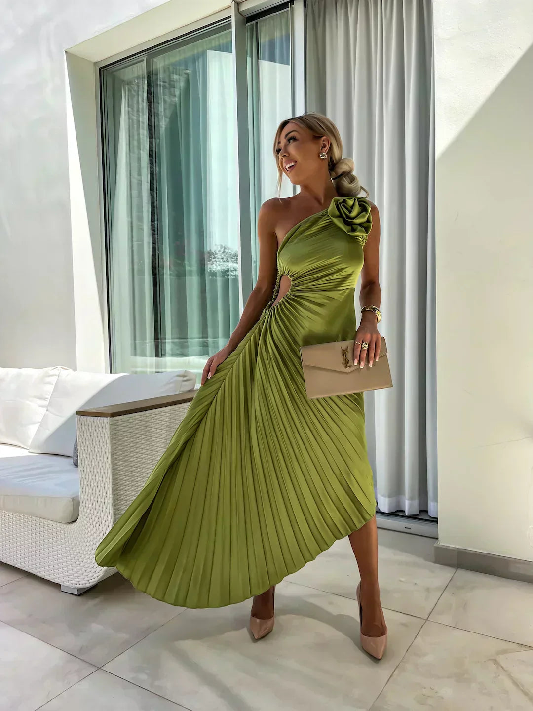 Women’s Midi Dress with One-Shoulder Neckline and 3D Rosette Detail