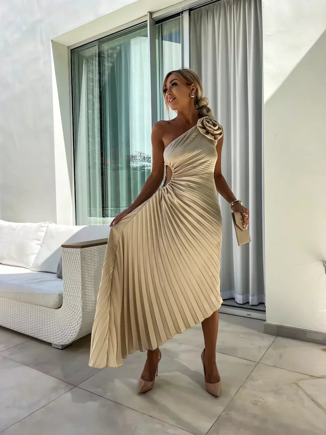 Women’s Midi Dress with One-Shoulder Neckline and 3D Rosette Detail