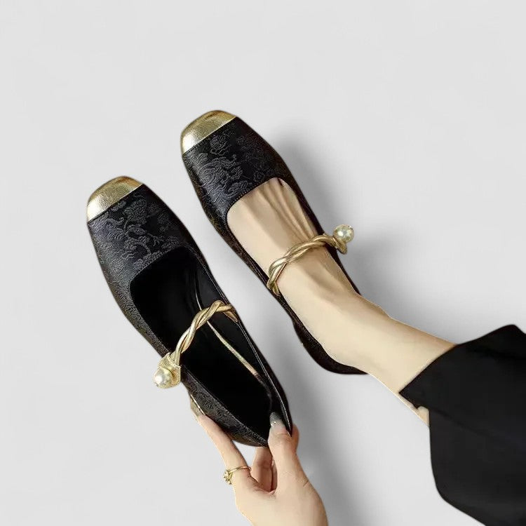 Women’s Mary Jane Shoes with Embossed Floral and Pearl Strap