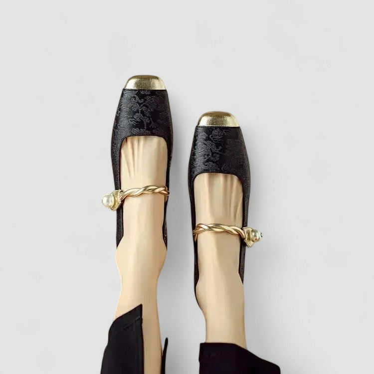Women’s Mary Jane Shoes with Embossed Floral and Pearl Strap