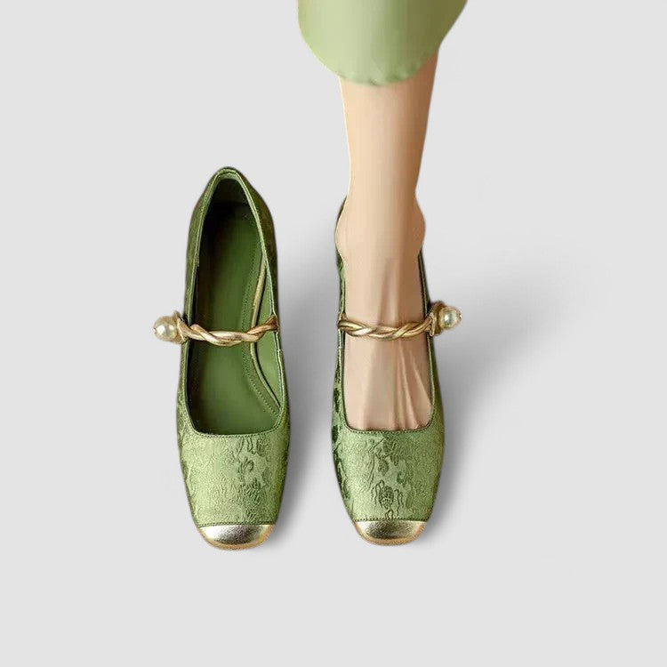 Women’s Mary Jane Shoes with Embossed Floral and Pearl Strap