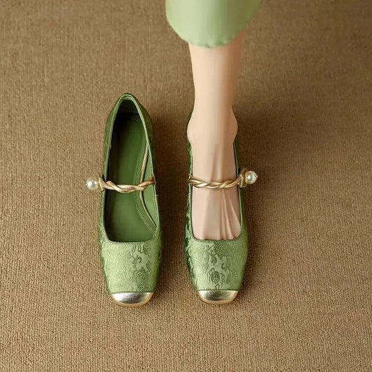 Women’s Mary Jane Shoes Pearl Strap Jacquard Low Block Heel with Gold Toe Cap