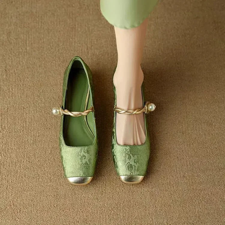 Women's Orthopedic Mary Jane Shoes with Pearl Strap and Glitter Block Heel
