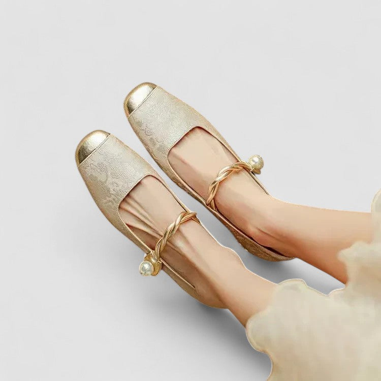 Women’s Mary Jane Shoes with Embossed Floral and Pearl Strap