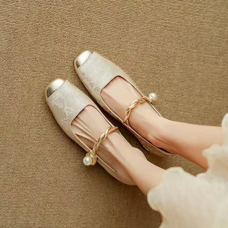 Women's Orthopedic Mary Jane Shoes with Pearl Strap and Glitter Block Heel