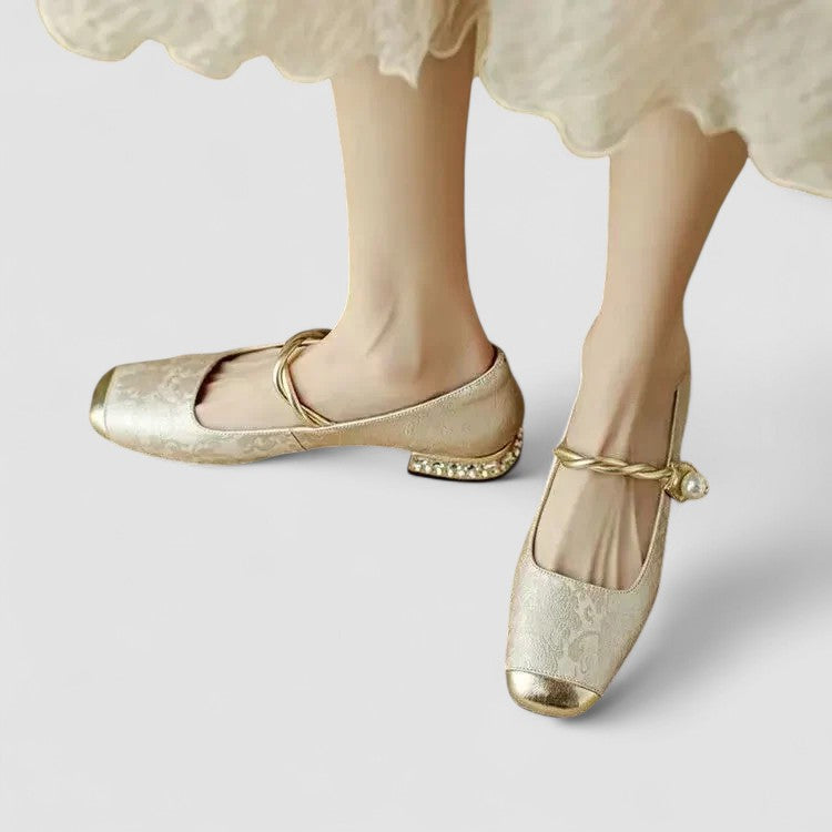 Women’s Mary Jane Shoes with Embossed Floral and Pearl Strap