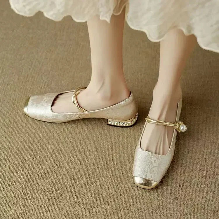 Women's Orthopedic Mary Jane Shoes with Pearl Strap and Glitter Block Heel