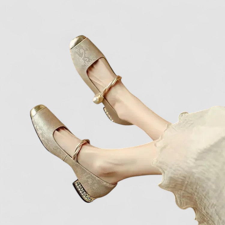 Women’s Mary Jane Shoes with Embossed Floral and Pearl Strap