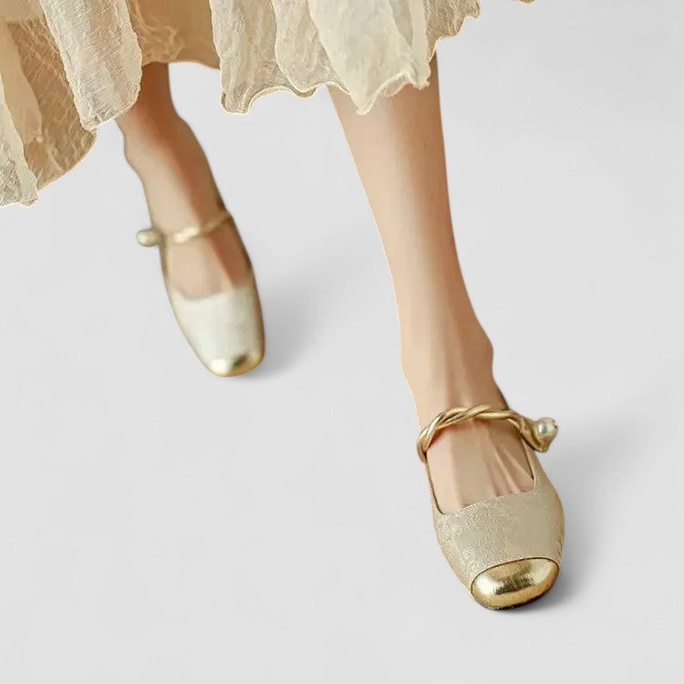 Women’s Mary Jane Shoes with Embossed Floral and Pearl Strap