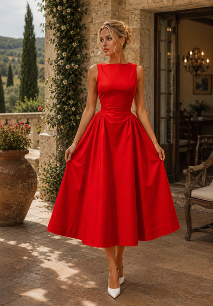 Women's Boat Neckline A-Line Midi Dress with Full Skirt for Timeless Elegance