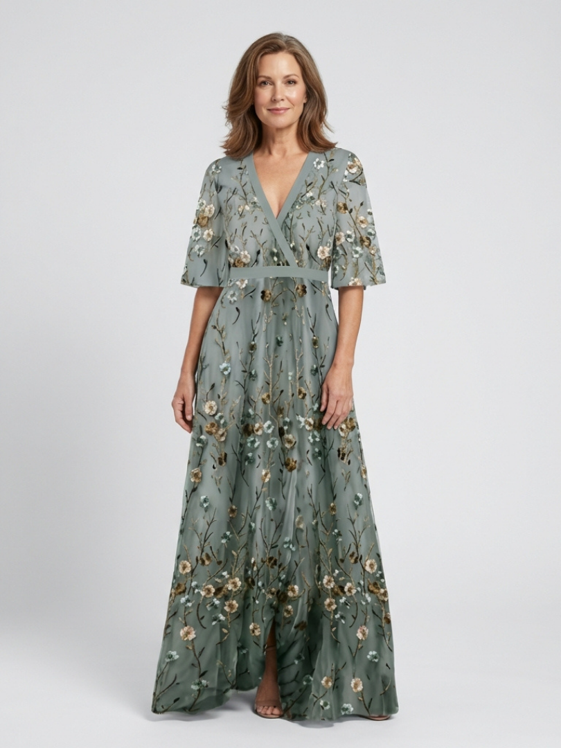 Women's Floral V-Neck Maxi Dress with Short Sleeves for Feminine Elegance