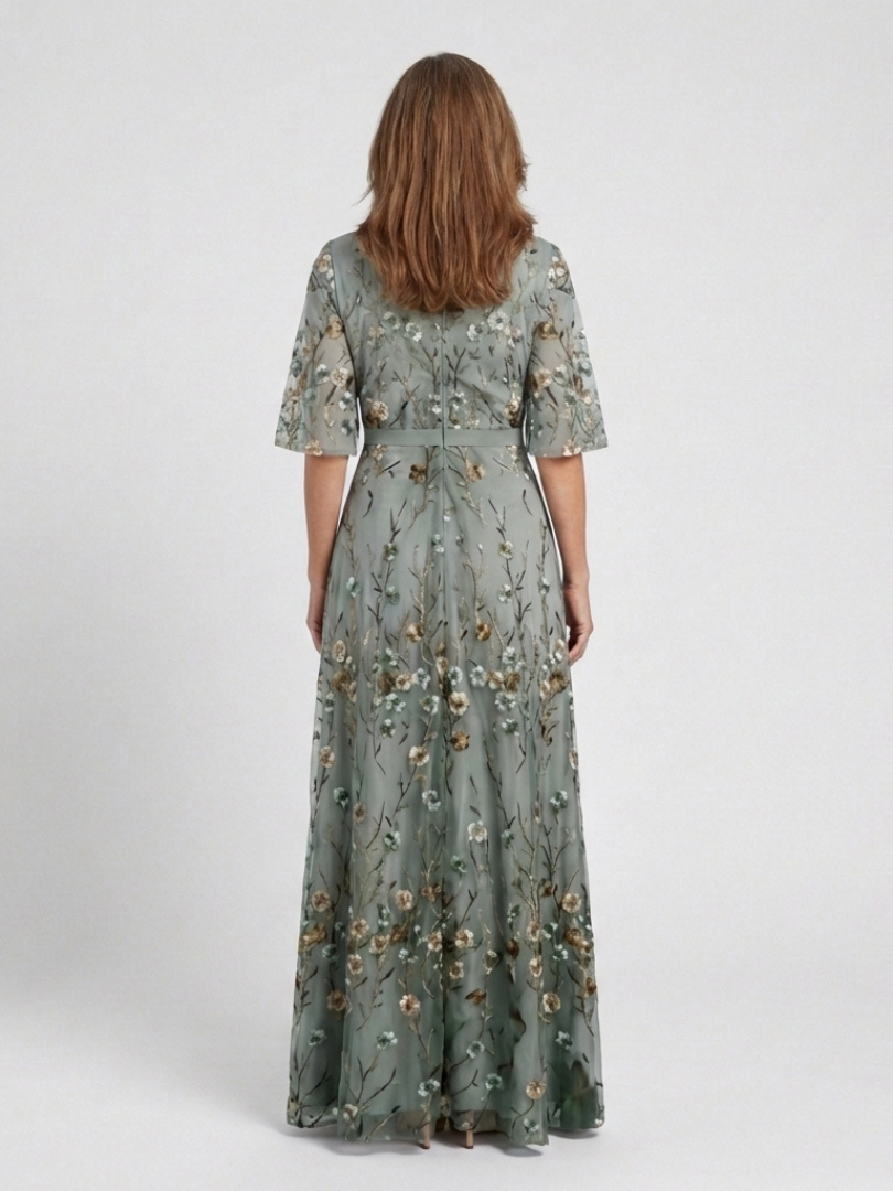 Women's Floral V-Neck Maxi Dress with Short Sleeves for Feminine Elegance