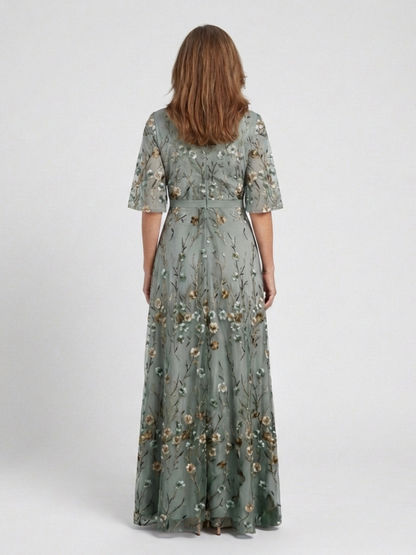 Women's Floral V-Neck Maxi Dress with Short Sleeves for Feminine Elegance